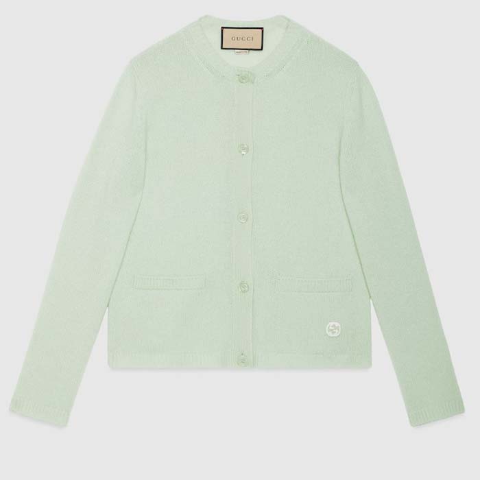 Gucci Men GG Fine Cashmere Cardigan Interlocking G Light Green Crewneck Long Sleeves