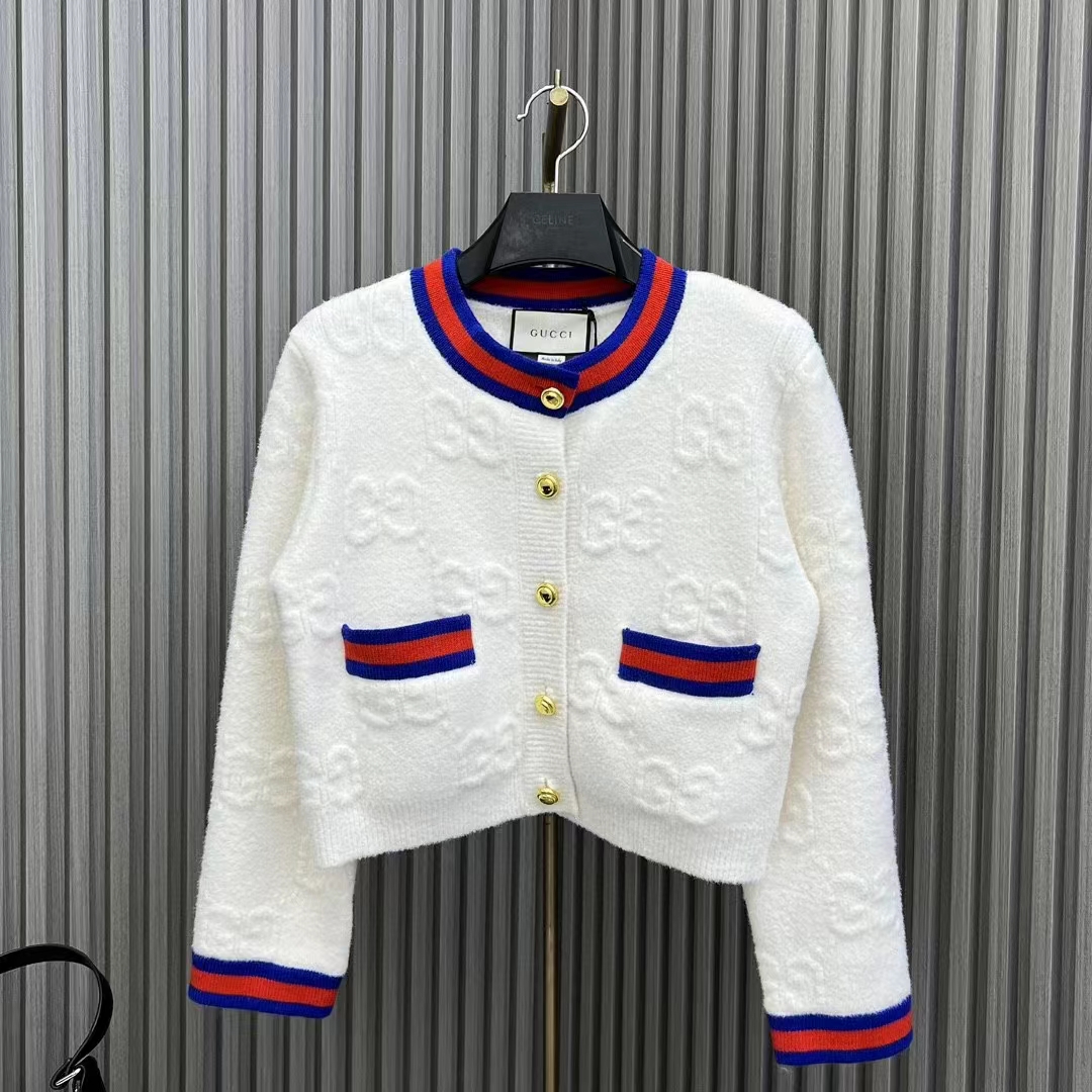 Gucci Women Felted GG Wool Cardigan Web Ivory Crewneck Dropped Shoulder Long Sleeves