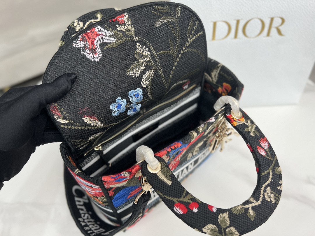 Dior Small Lady D-Lite Bag Black Multicolor Dior Birds Embroidery
