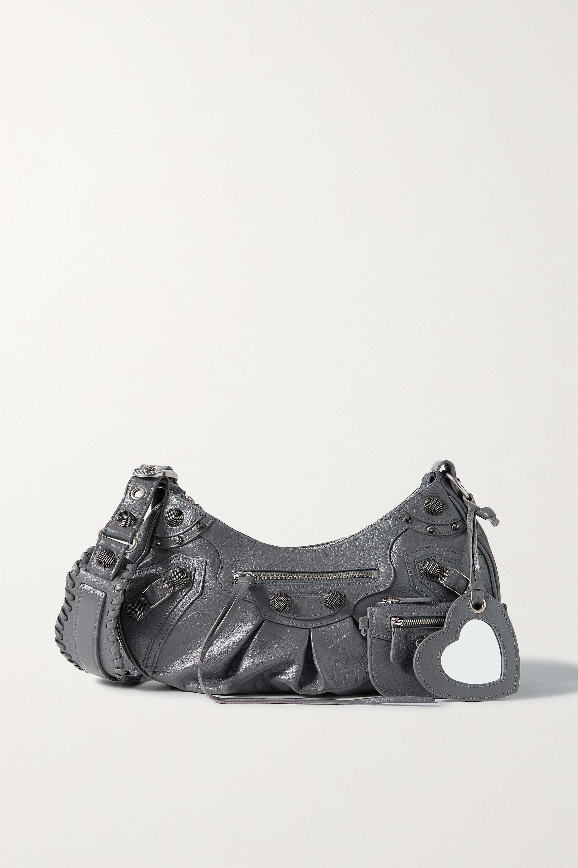 BALENCIAGA Le Cagole small studded crinkled-leather shoulder bag Grey
