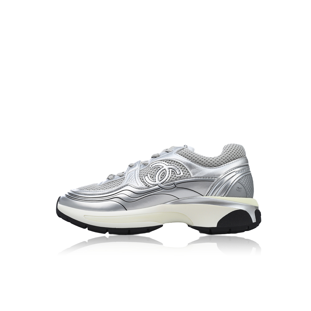 Chanel Fabric Laminated Low Top Sneakers Silver