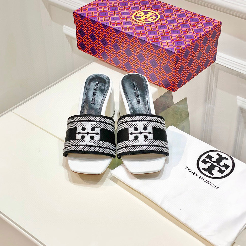 Tory Burch Fabric Flip-flops With Chunky Heels Sandals Slide