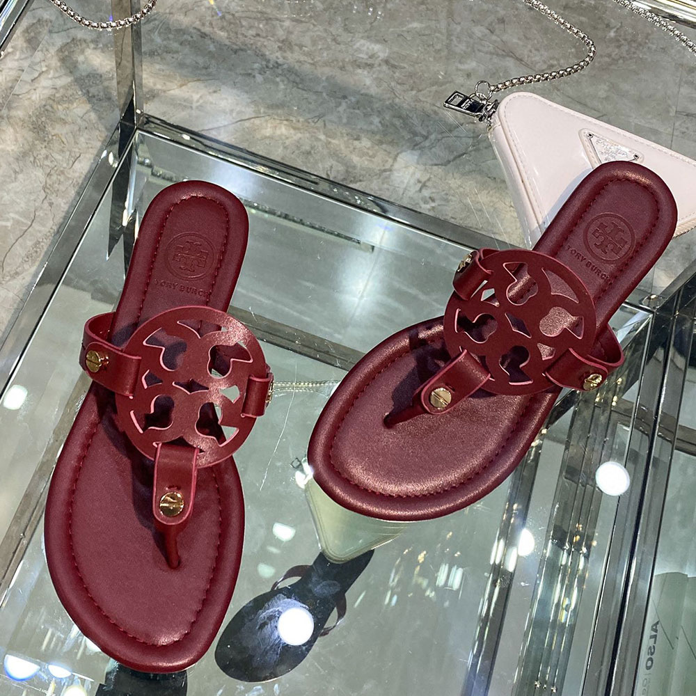 Tory Burch Leather Metal Double T Logo Flip-flops Sandals Slide