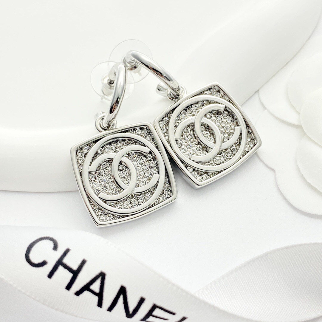 Chanel diamond silver square hook earrings