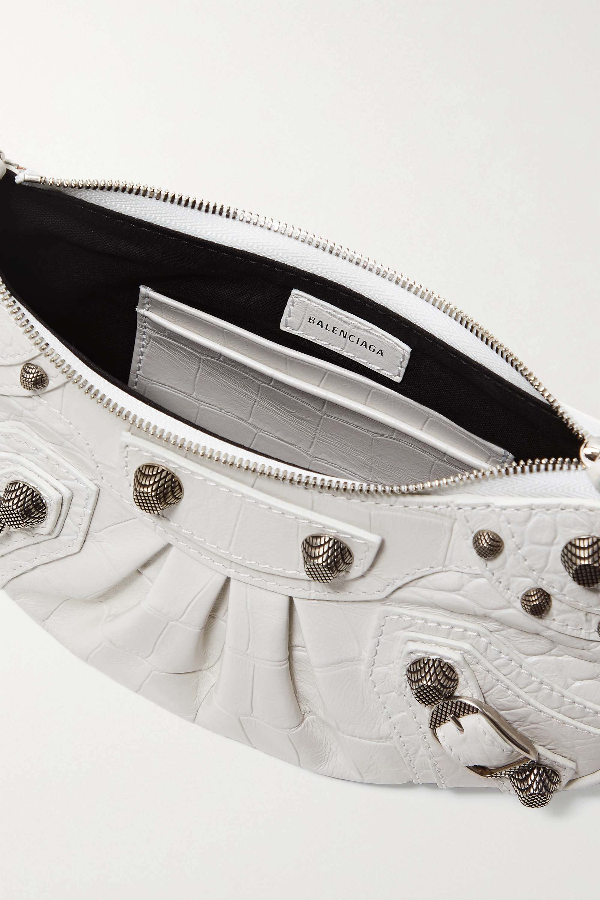 BALENCIAGA Le Cagole mini studded croc-effect leather shoulder bag white