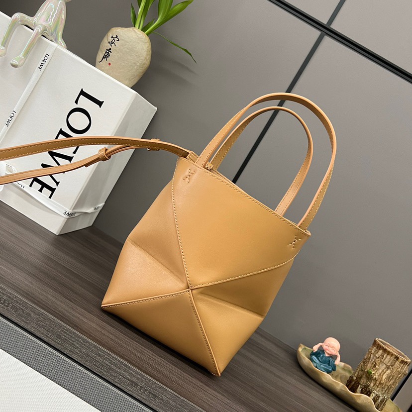 Loewe Mini Puzzle Fold Tote in shiny calfskin Brown
