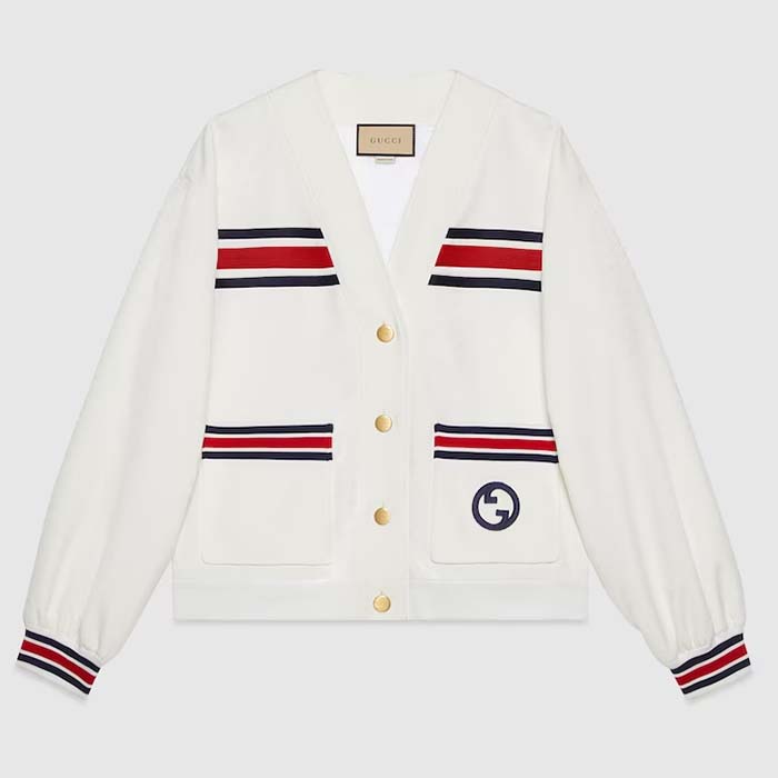Gucci Men GG Technical Jersey Cardigan Web White V-Neck Dropped Shoulder Long Sleeves