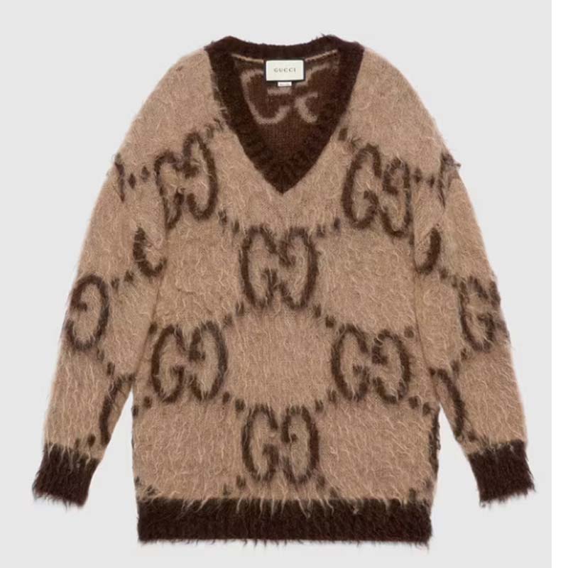 Gucci Men GG Mohair Wool V-Neck Sweater Beige Brown