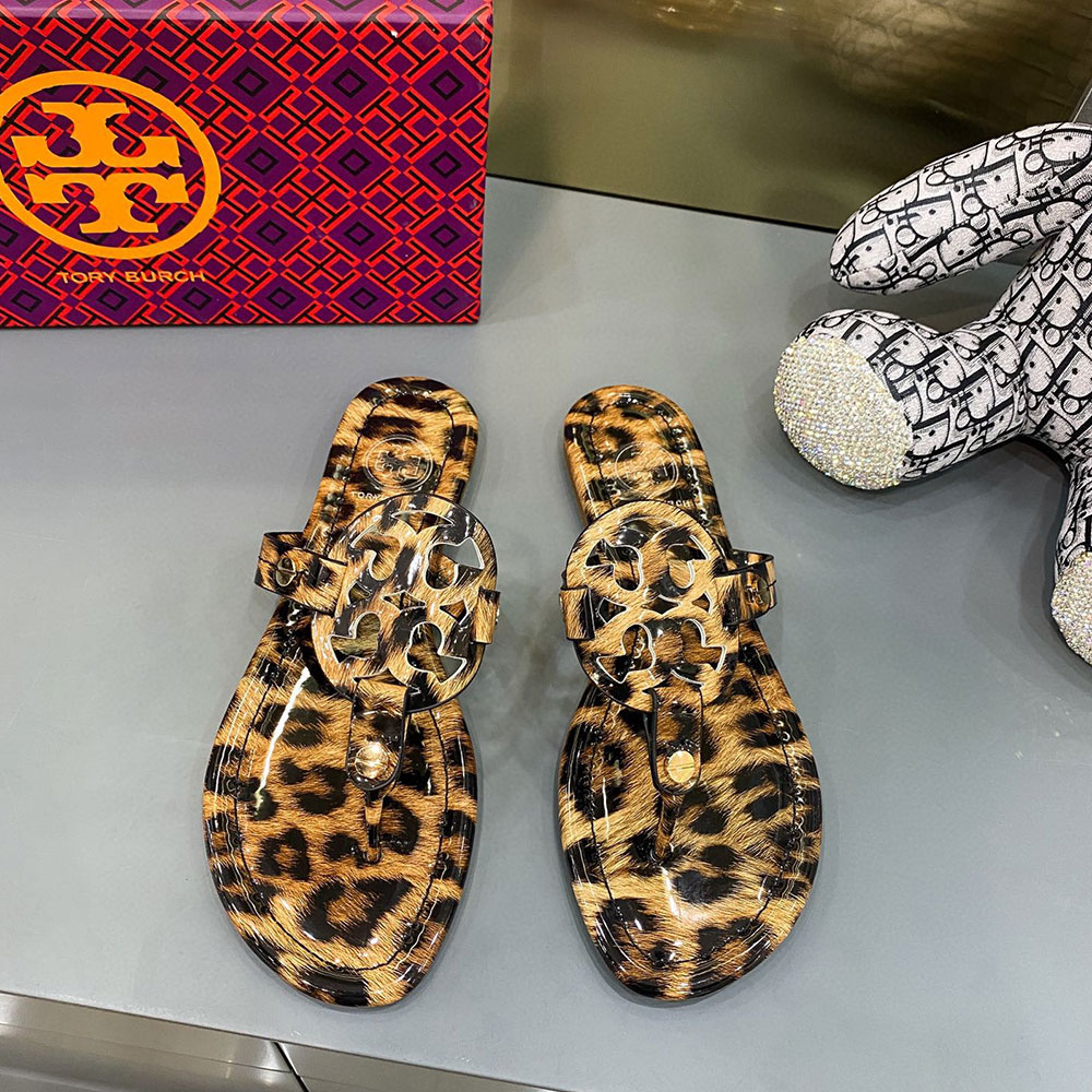 Tory Burch Leather Metal Double T Logo Flip-flops Sandals Slide