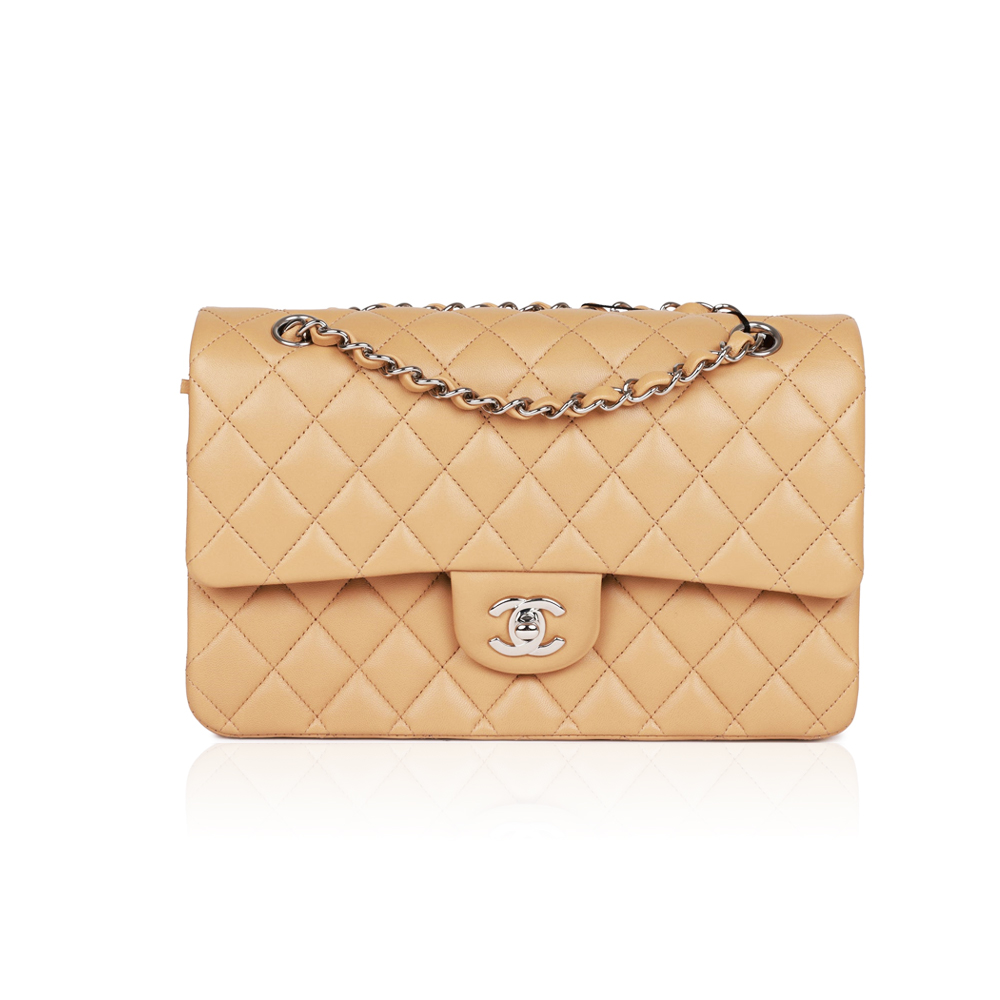 Chanel Classic Flag Bag Medium Classic Double Flap Bag Beige Lambskin Silver Hardware