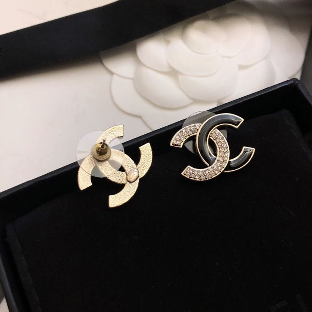 Chanel Enamel Rhinestone Double C Stud Earrings Jewelry