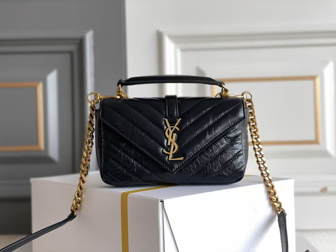 Saint Laurent YSL college mini chain bag in shiny cracked leather