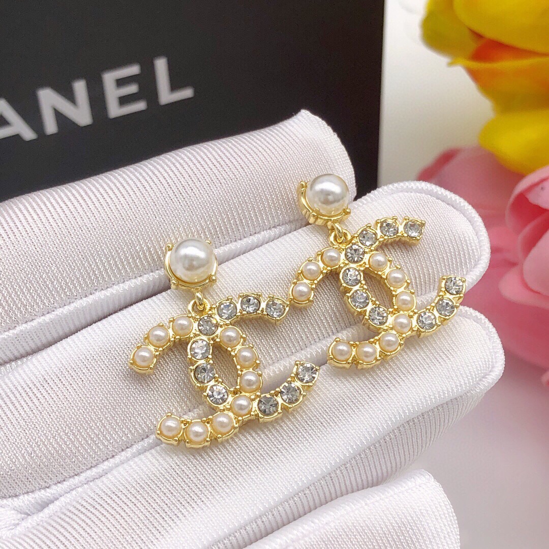 Chanel Double C Diamond Pearl Stud Earrings