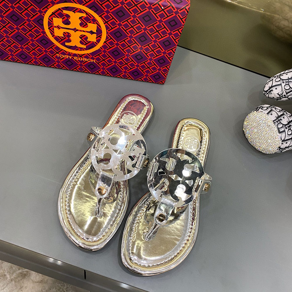 Tory Burch Leather Metal Double T Logo Flip-flops Sandals Slide