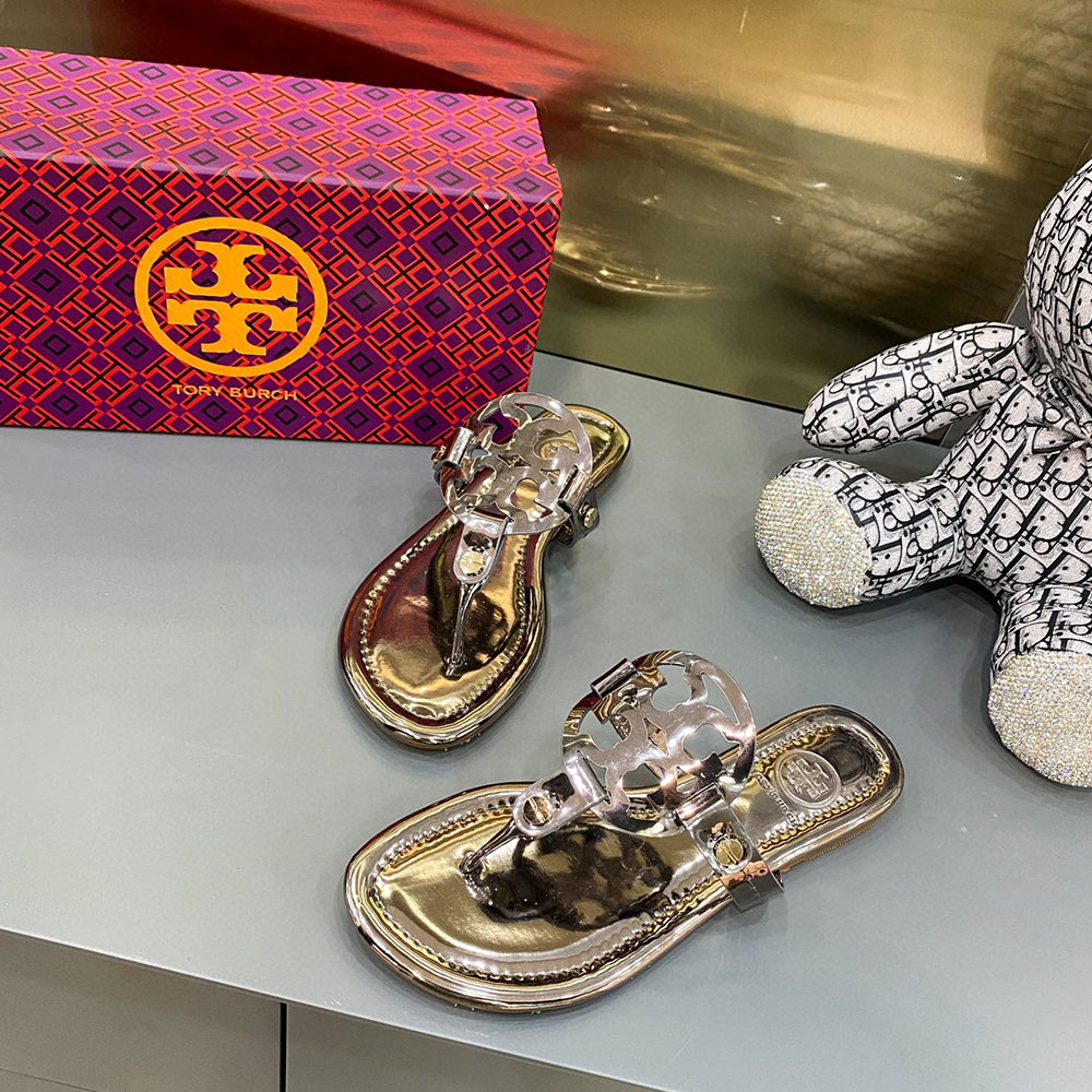 Tory Burch Leather Metal Double T Logo Flip-flops Sandals Slide