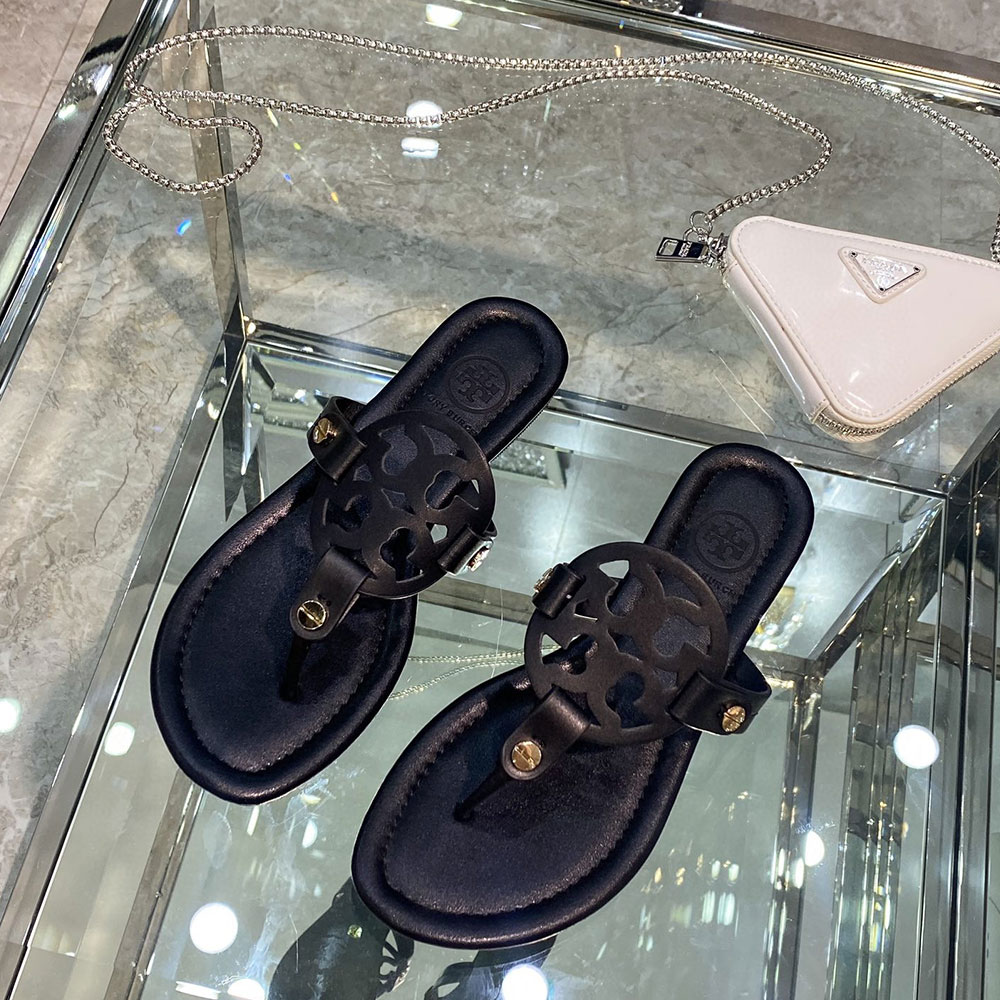 Tory Burch Leather Metal Double T Logo Flip-flops Sandals Slide