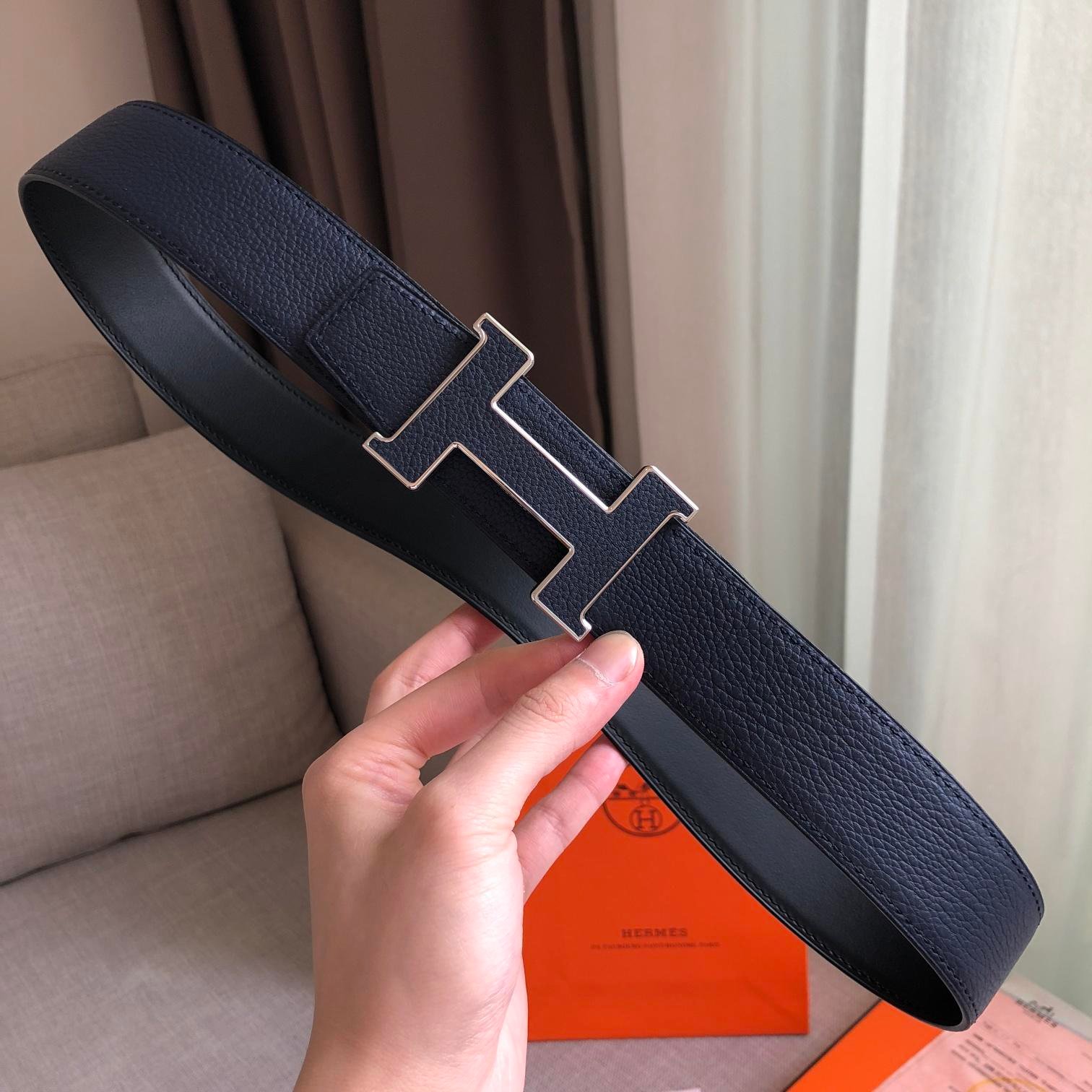 Hermes H Guillochee Belt Buckle & Reversible Strap Black Belt 380MM