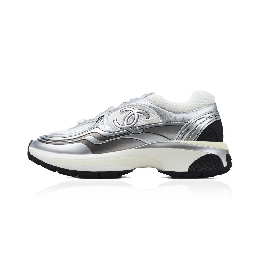 Chanel Fabric Laminated Low Top Sneakers Silver Black