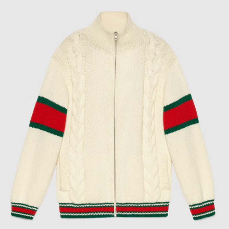 Gucci Men GG Cable Knit Bomber Jacket Off-White Cable Knit Wool