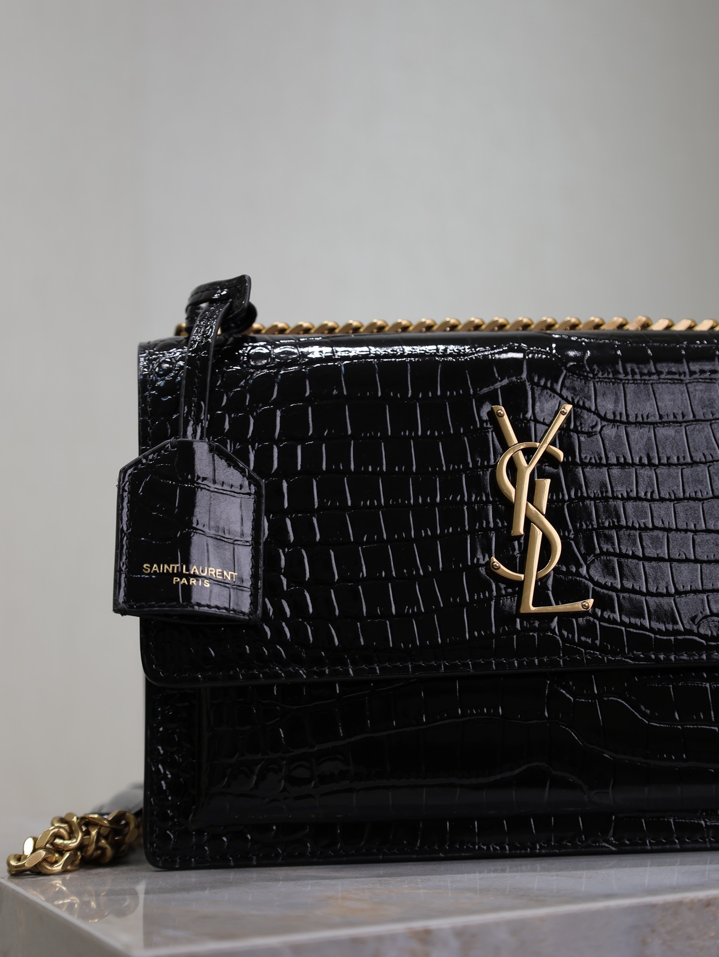 Saint Laurent Black Crocodile Pattern Chain Shoulder Bag