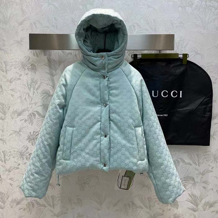 Gucci Men GG Canvas Hooded Bomber Jacket Pale Blue Two Side Pockets Padded Drawstring Hem