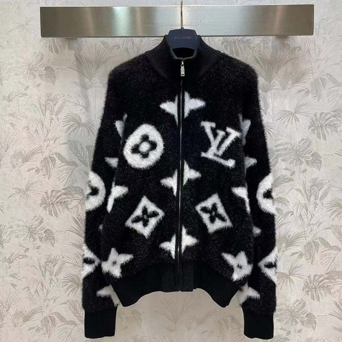 Louis Vuitton Men LV Monogram Mink Fur Zipped Hoodie Relaxed Fit Allover Monogram Intarsia