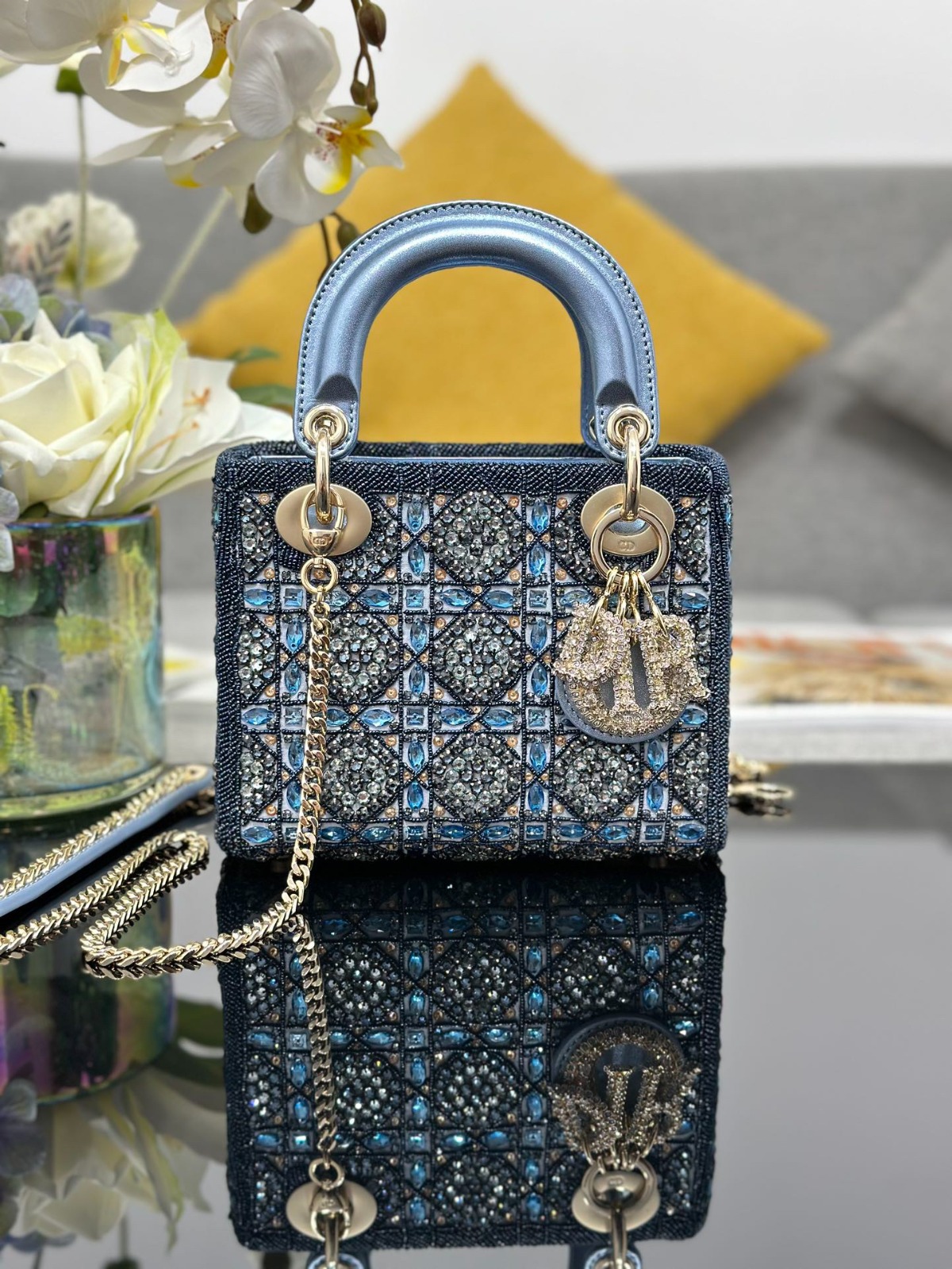 Dior Three-check chain embroidered Rhinestone