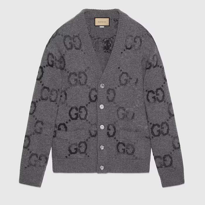 Gucci Men Wool Cardigan GG Intarsia Grey Allover V-Neck Dropped Shoulder Long Sleeves Style 770507 XKDSJ 1128