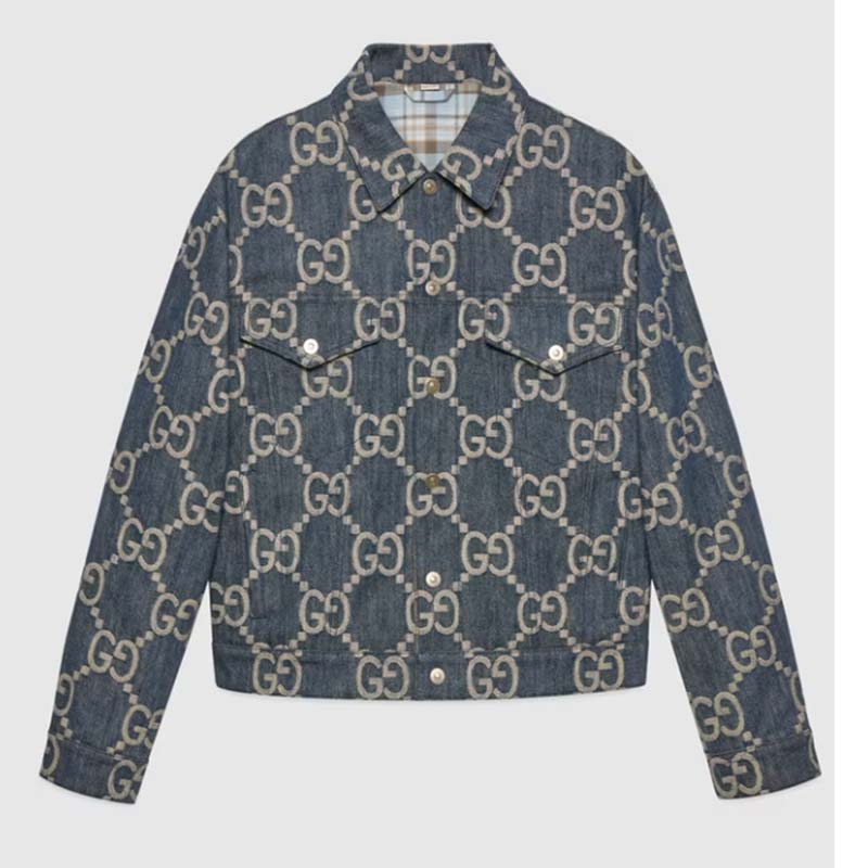 Gucci GG Women Pineapple Jacket Blue Ivory Jumbo GG Jacquard Denim