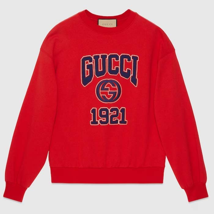 Gucci Men GG Cotton Jersey Sweatshirt 1921 Embroidery Red Crewneck Dropped Shoulder Style 768530 XJF3O 6429