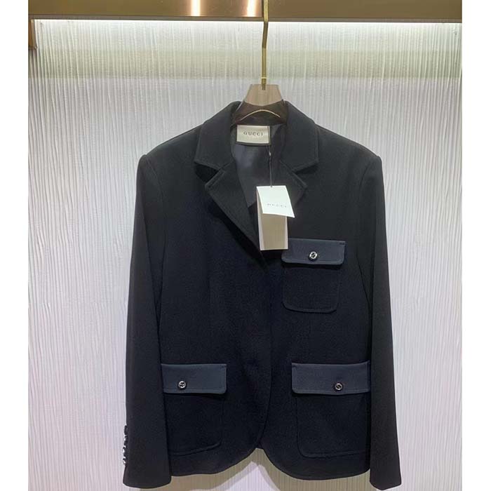 Gucci Men GG Fine Wool Crêpe Jacket Black Satin Unlined Notch Lapel Three Front Pockets
