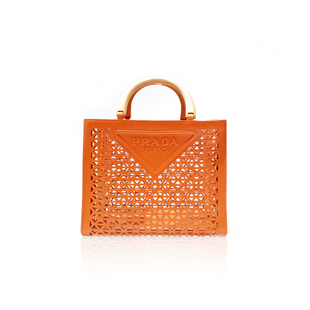 Prada Wooden Handle Hollow Orange Tote Bag