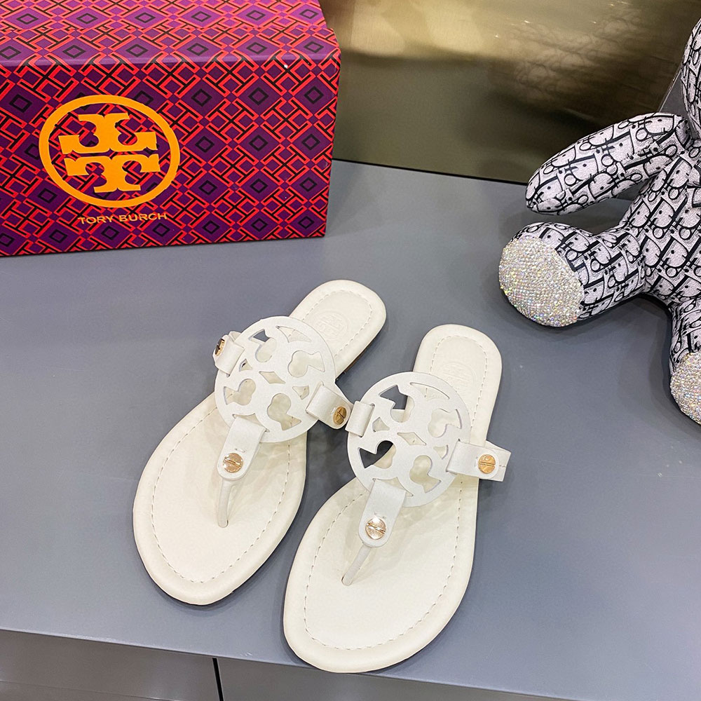 Tory Burch Leather Metal Double T Logo Flip-flops Sandals Slide