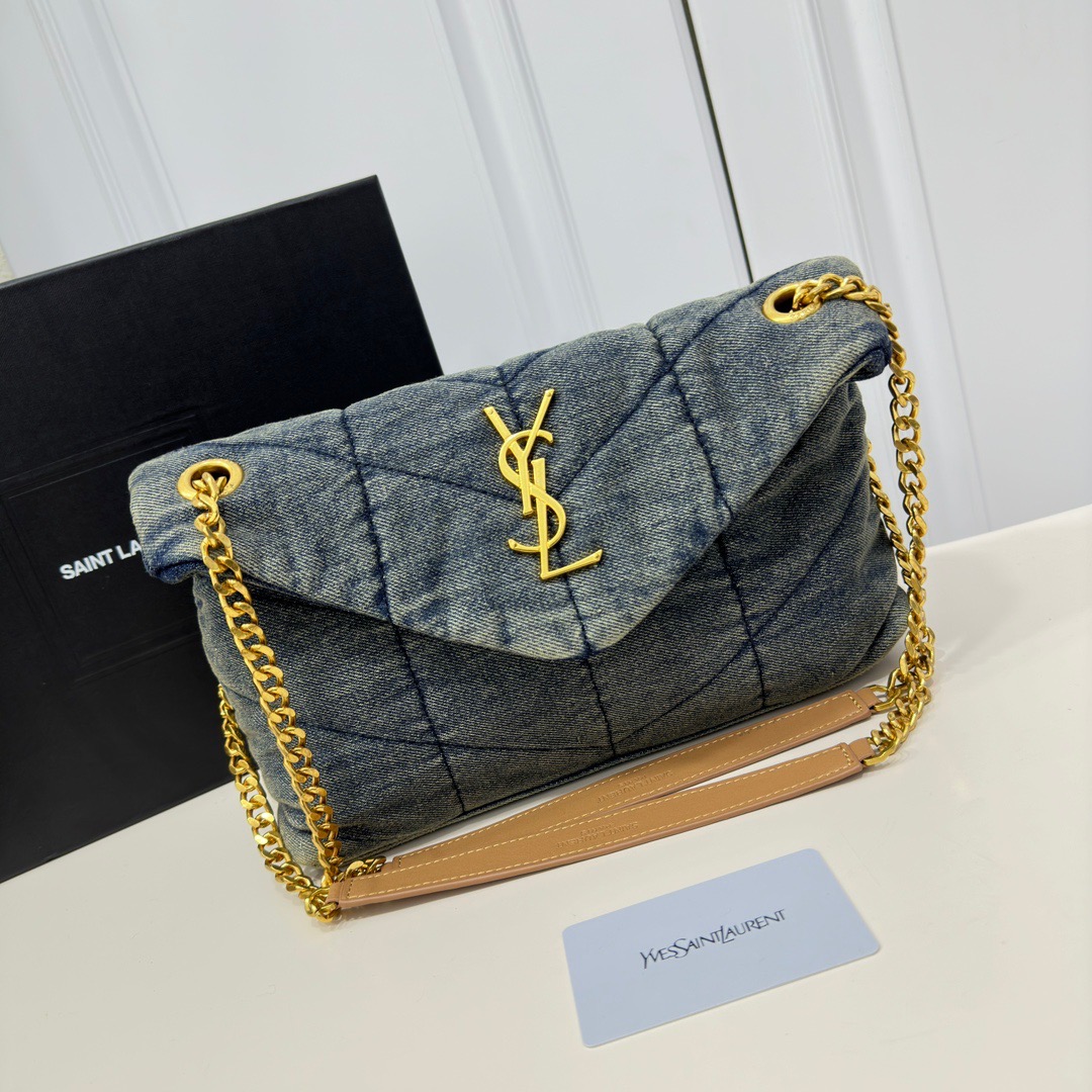 SAINT LAURENT Loulou Puffer Denim Leather Bag