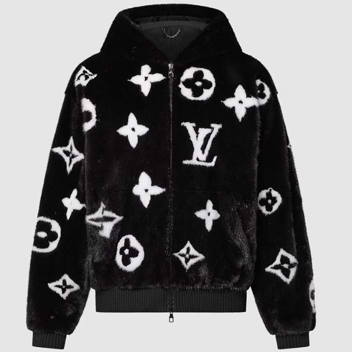 Louis Vuitton Men LV Monogram Mink Fur Zipped Hoodie Relaxed Fit Allover Monogram Intarsia
