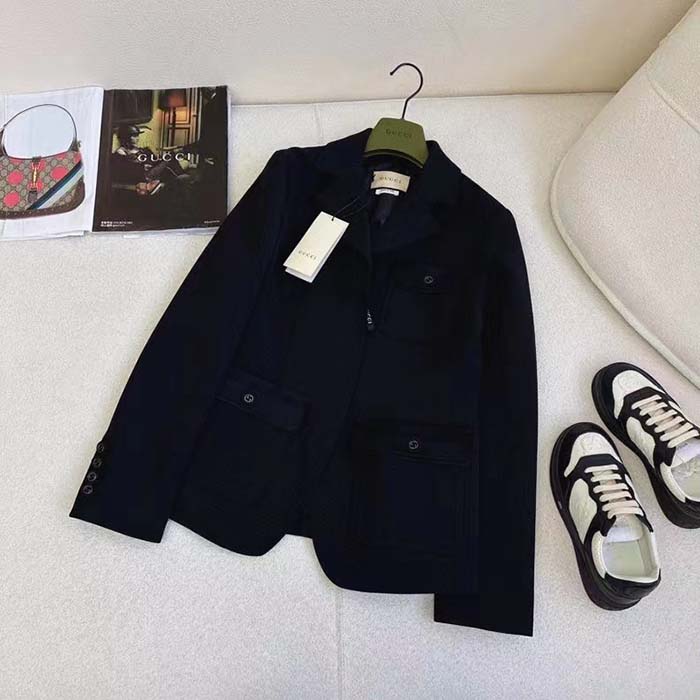Gucci Men GG Wool Jacquard Jacket Black Lined Notch Lapel Petite Fit