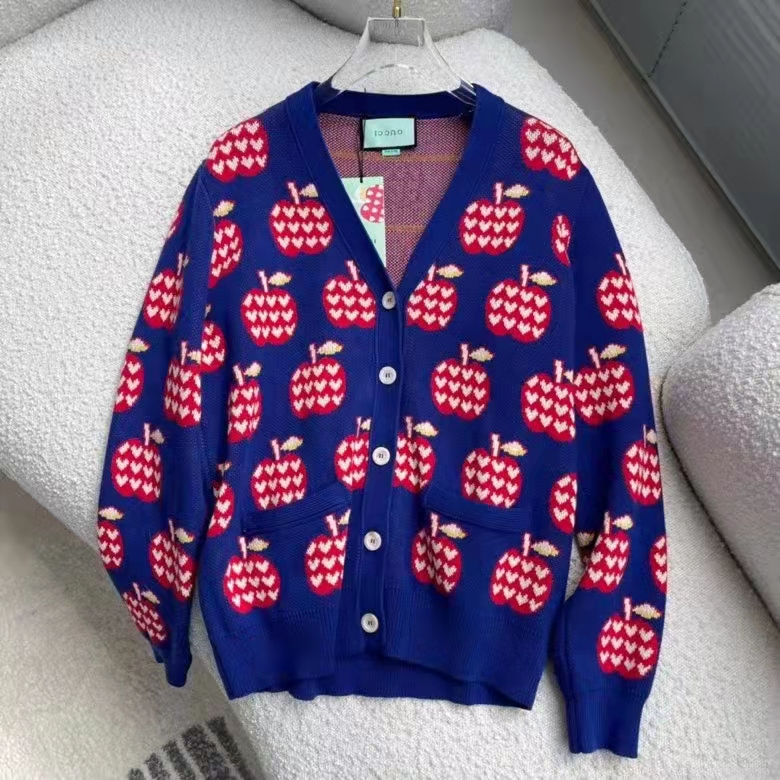 Gucci Men GG Les Pommes Cotton Cardigan Dark Blue Red Apple Knit Cotton Jacquard