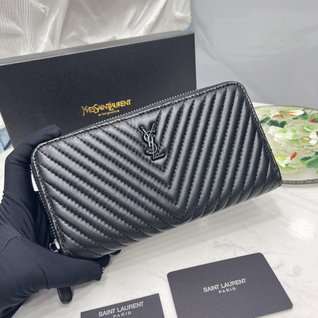 Saint Laurent YSL Caivar Zipper Long Wallet