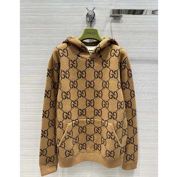 Gucci Men GG Wool Hooded Sweatshirt Camel Ebony Fixed Hood Kangaroo Pocket Rib