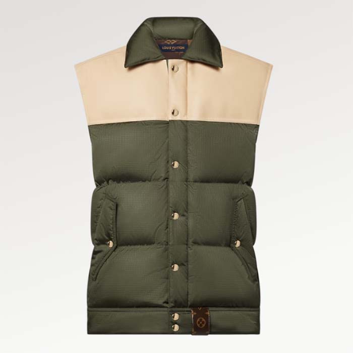 Louis Vuitton LV Men Leather Accent Sleeveless Puffer Jacket Khaki Beige Regular Fit