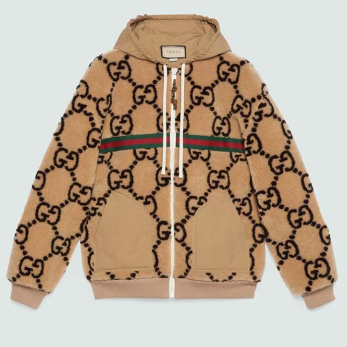 Gucci Men Maxi GG Wool Jersey Jacket Beige Black Polyamide Polyester