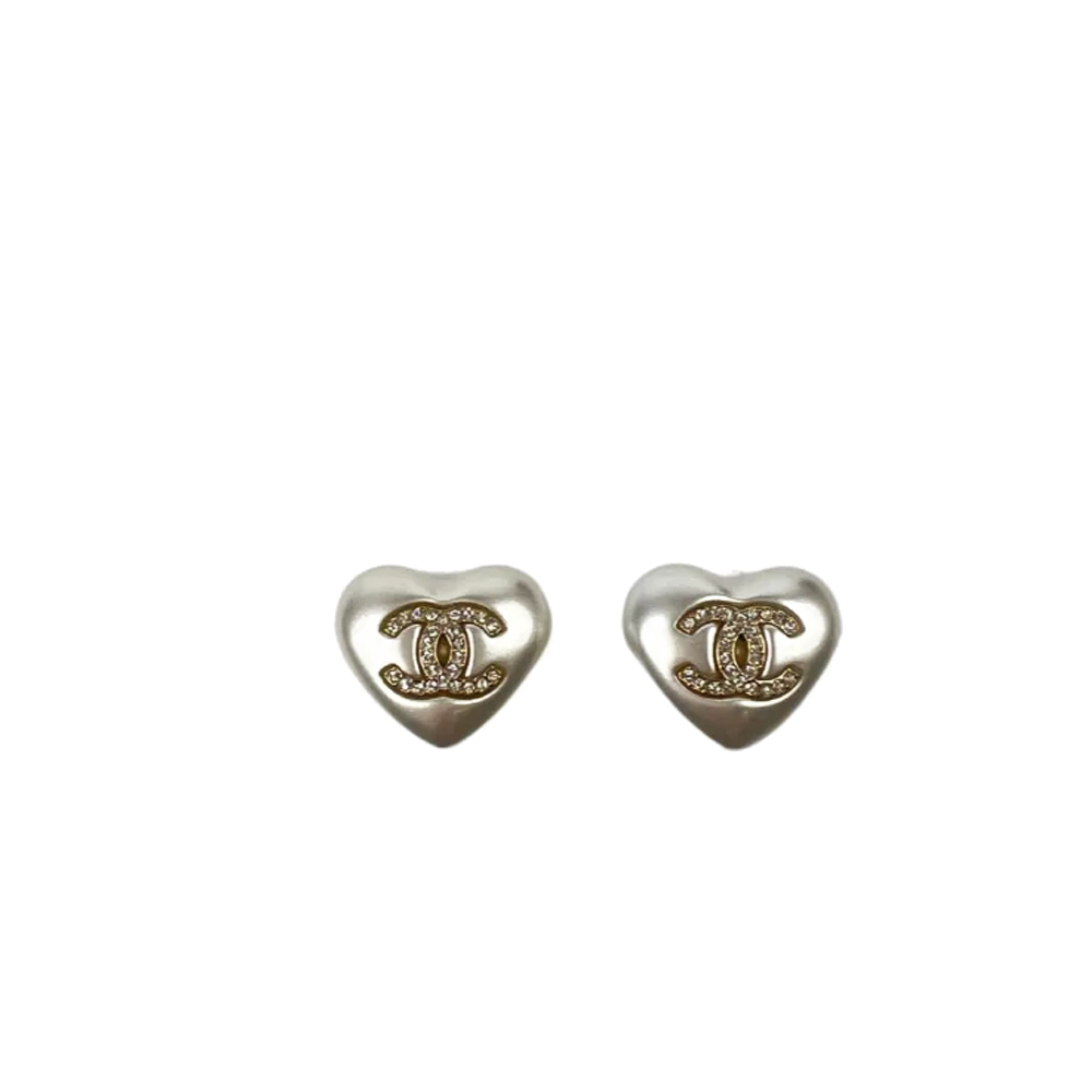 Chanel Pearl Heart Earrings with Crystal CC
