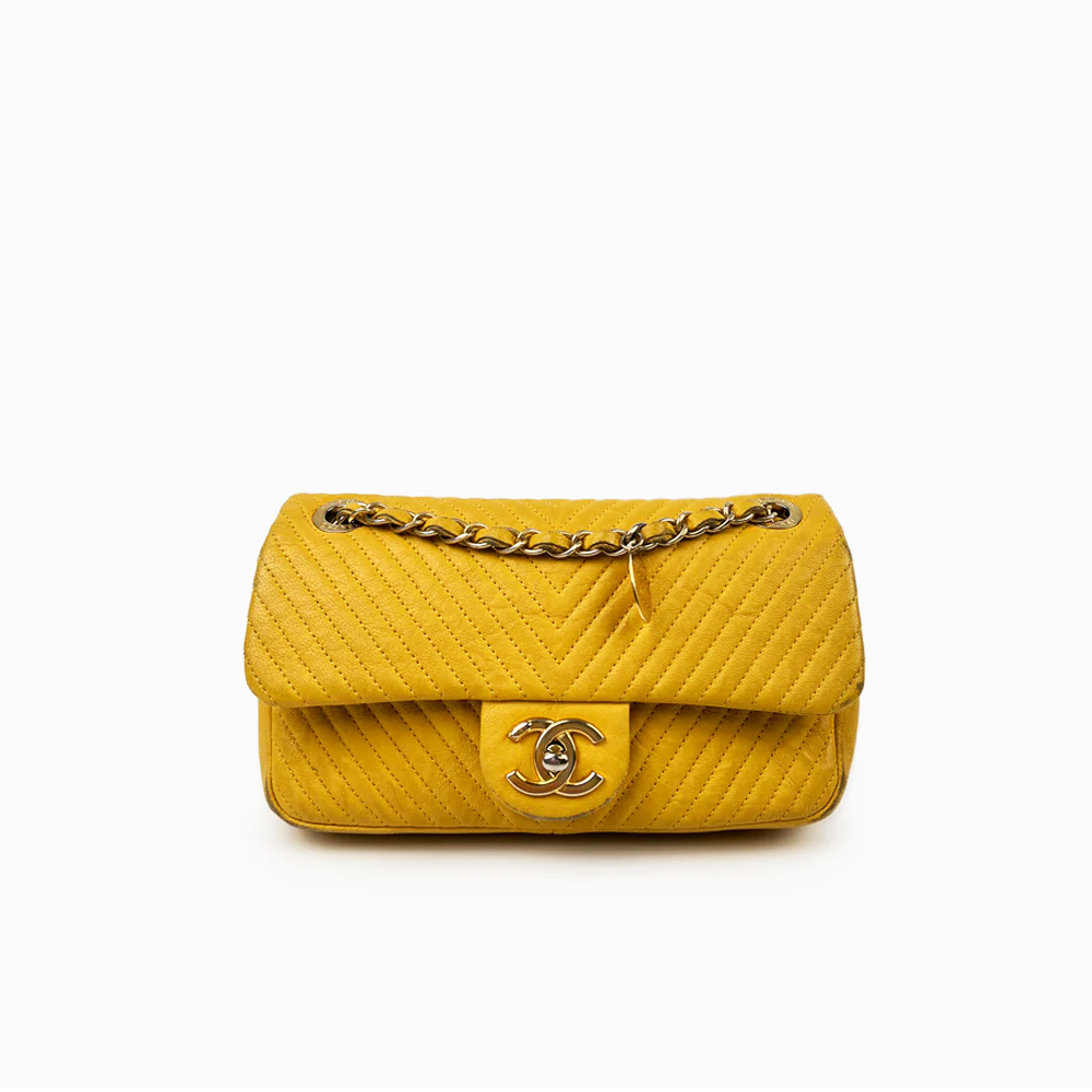 Chanel Yellow CC Medallion Charm Chevron Flap Bag