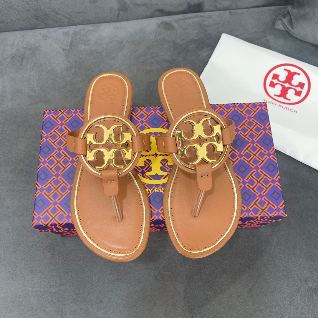 Tory Burch Leather Metal Double T Logo Flip-flops Sandals Slide