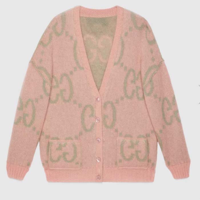 Gucci Men Reversible GG Mohair Cardigan Light Green Pink Brushed Jacquard Wool V-Neck