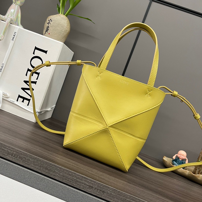 Loewe Mini Puzzle Fold Tote in shiny calfskin Yellow