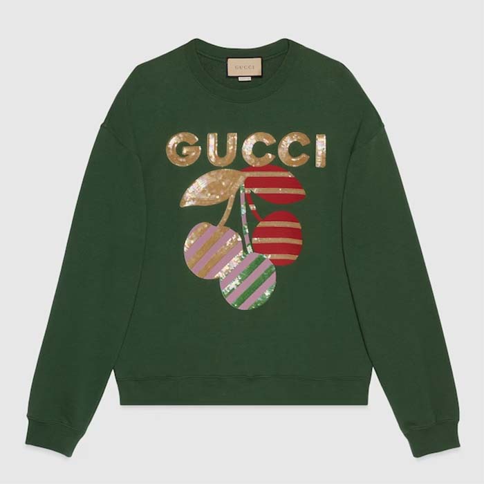 Gucci Men GG Cotton Jersey Sweatshirt Green Light Felted Crewneck Long Sleeves