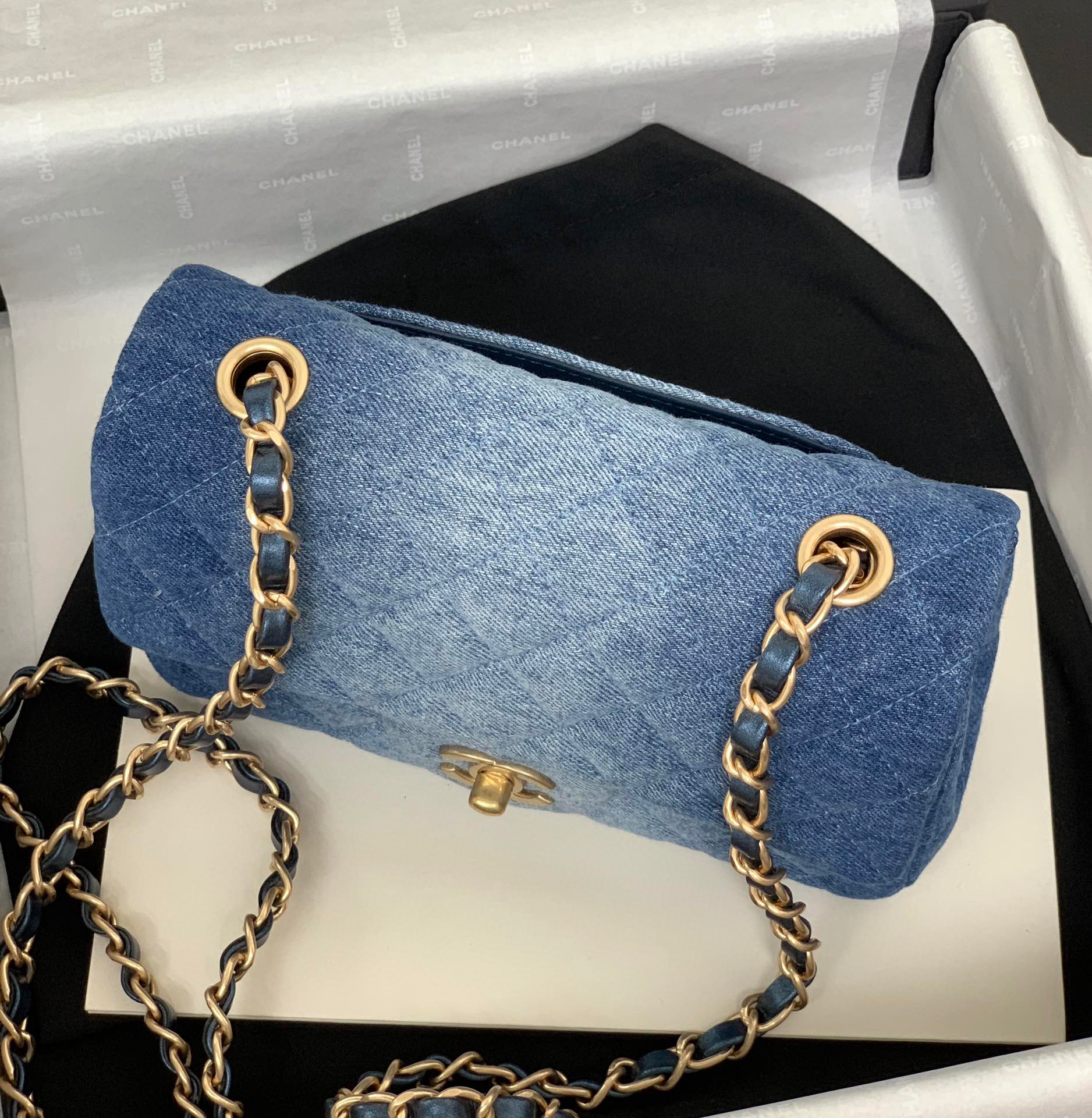 Chanel 10A Rectangular Flap Bag Blue Denim Antique Gold Hardware Top Mirror Quality Version