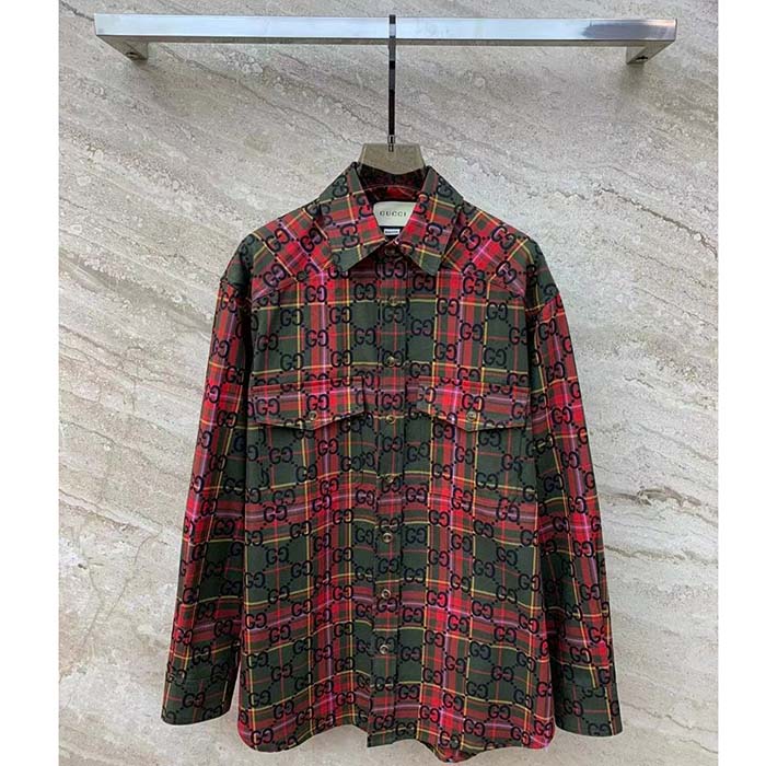 Gucci Men GG Tartan Wool Shirt Green Red GG Point Collar Long Sleeves Button Cuffs