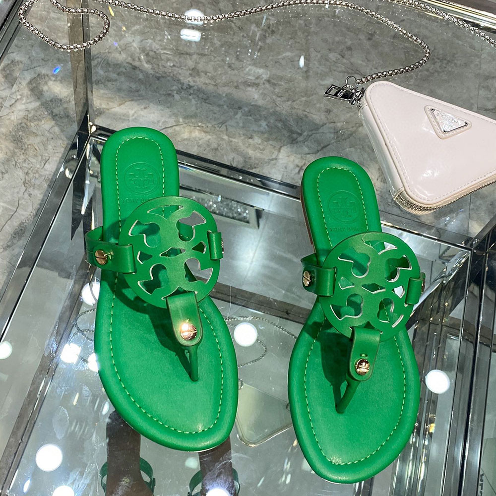 Tory Burch Leather Metal Double T Logo Flip-flops Sandals Slide